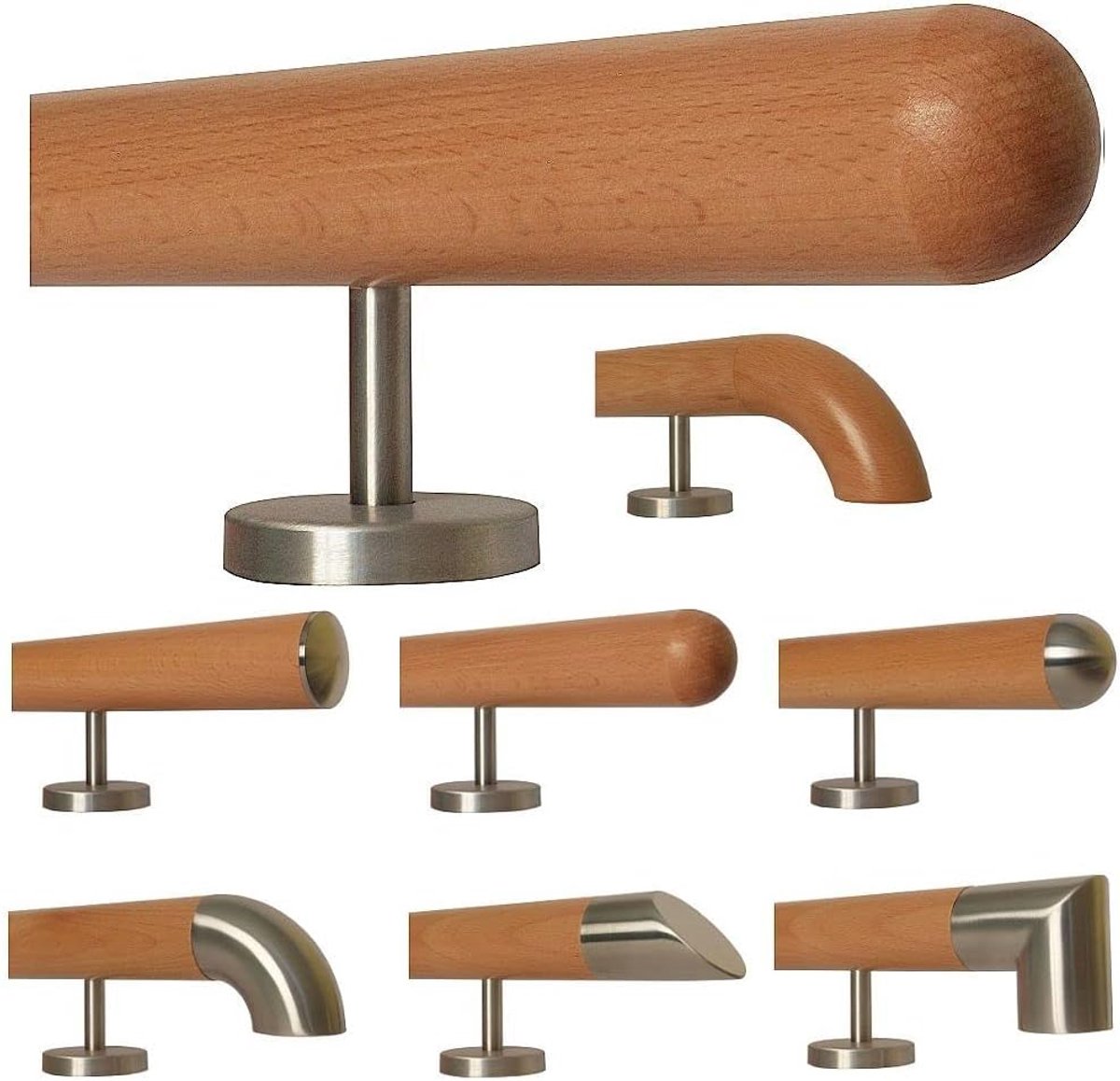 Houten Leuning - Trap Greep - Veilig Trap Lopen - Roestvrij Staal Houders - 30-500 cm Lengte - Beuken Hout