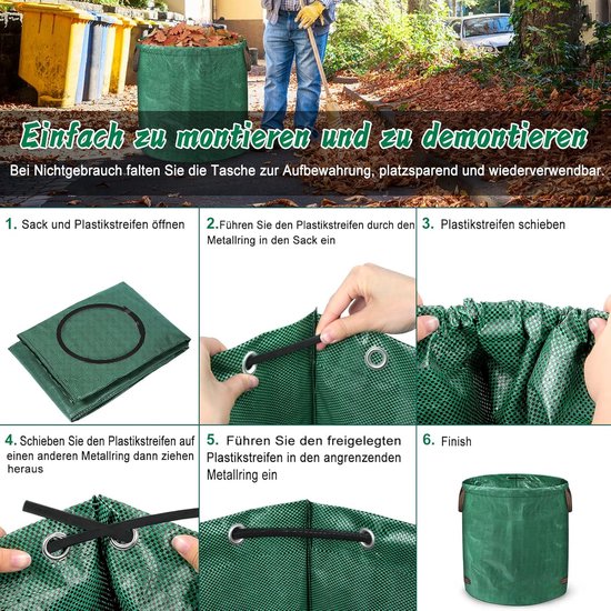 4 Stuk 272L Tuinafvalzak,Tuinzak,Bladzak,Tuinzakken, 150 g/m², Dubbele bodem,UV-bestendig, waterdicht,opvouwbaar, herbruikbaar, voor bladeren en groensnijden, tuinafval — afbeelding 5