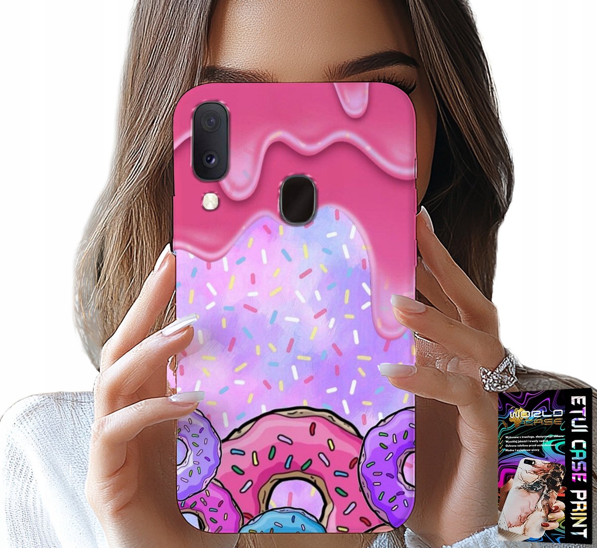 HOESJE VOOR SAMSUNG GALAXY A20E - ZOETE DONUTS MET GLAZUUR OP DE ACHTERGROND + GLAS