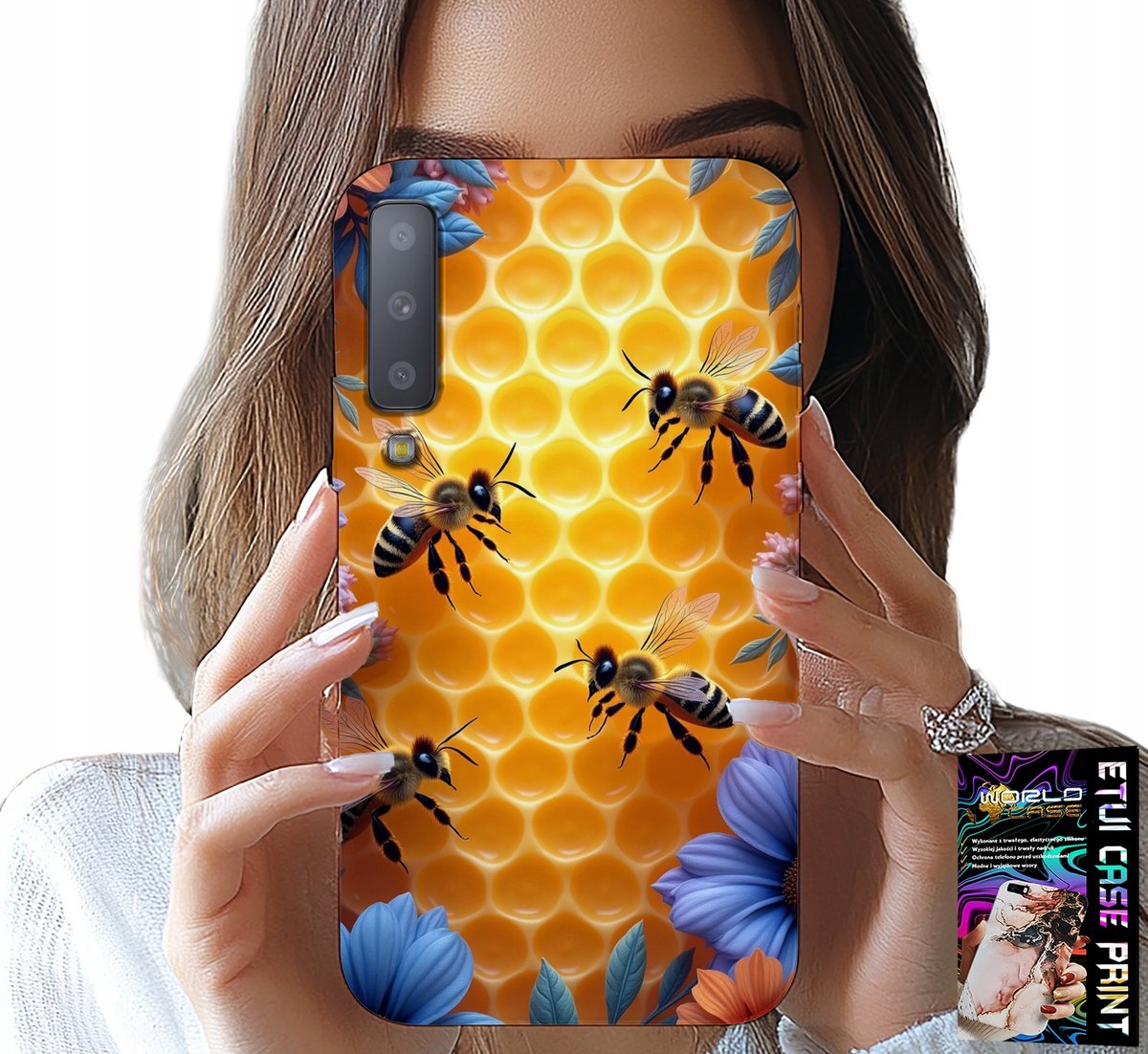 HOESJE VOOR SAMSUNG A7 2018 - ACHTERKANT MET BIJENKORF EN HONINGRAAT