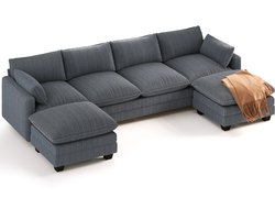 Xbro Hoekbank met Slaapfunctie – L-vormige Bank met Verplaatsbare Hocker – Corduroy – 6-Zits – Donkergrijs