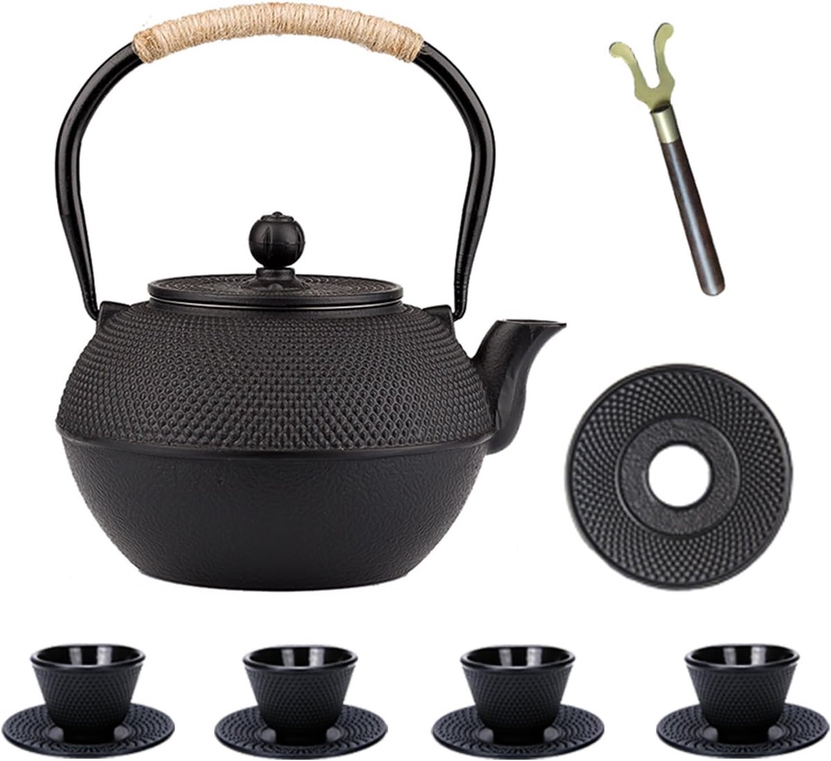 Gietijzeren Theepot Set - Japanse Ketel - Thee Zetten - Inclusief Kopjes - 1200ml - Zwart