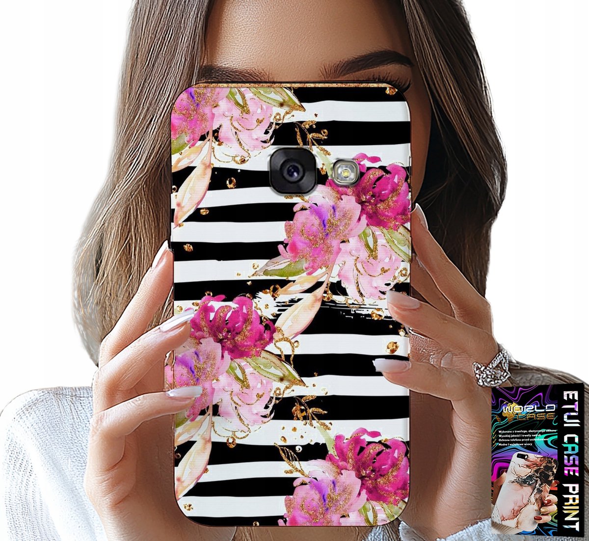 HOESJE VOOR SAMSUNG A5 2017 - BLOEMENPATROON ZWART-WIT GESTREEPT