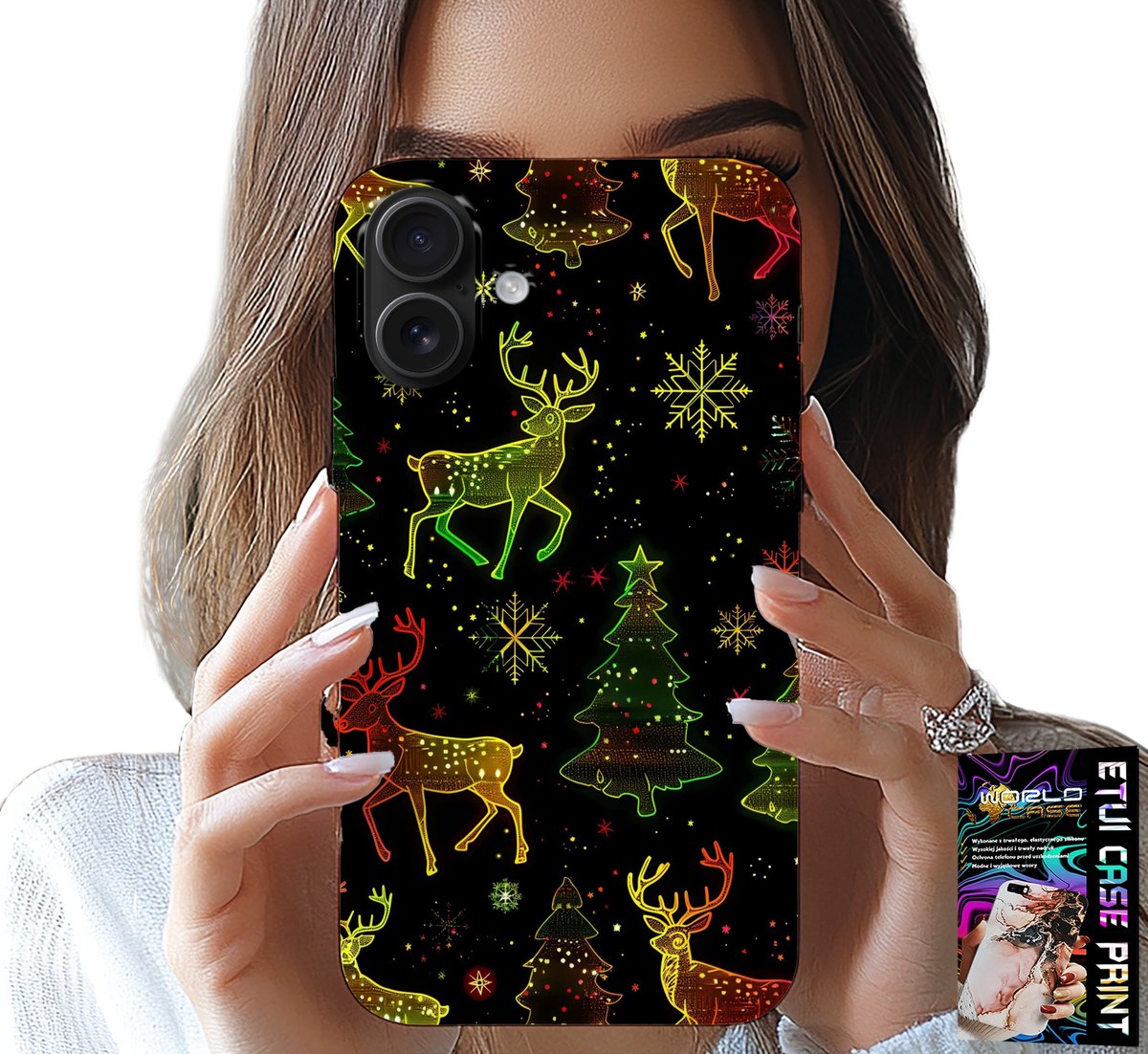 HOESJE VOOR IPHONE 16 PLUS - RENDIER, SNEEUWVLOK, KERSTBOOM + GLAS