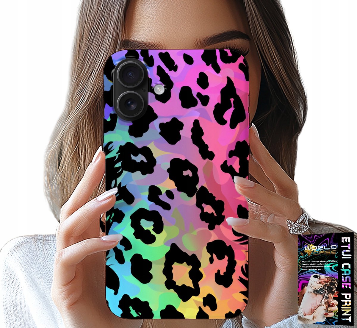 iPhone 16 Plus hoesje - Kleurrijke regenboog luipaardprint glazen achterkant