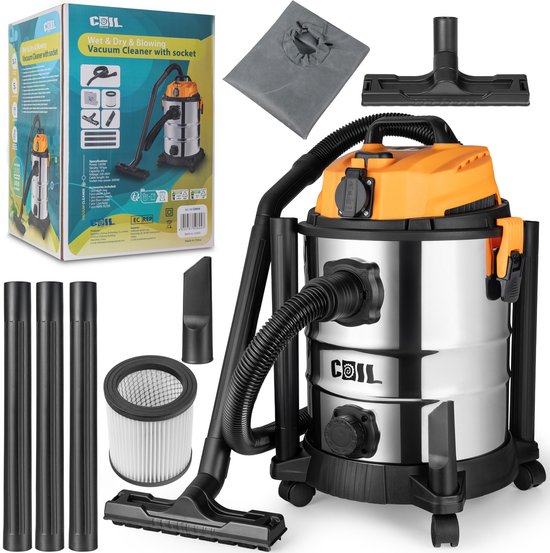 COIL Nat- en Droogzuiger - 1300W - 25L - met Stopcontact, Blaasfunctie en HEPA-filter – Krachtige Industriële Stofzuiger voor Werkplaats en Bouw - 220-240 V - 18 kPa