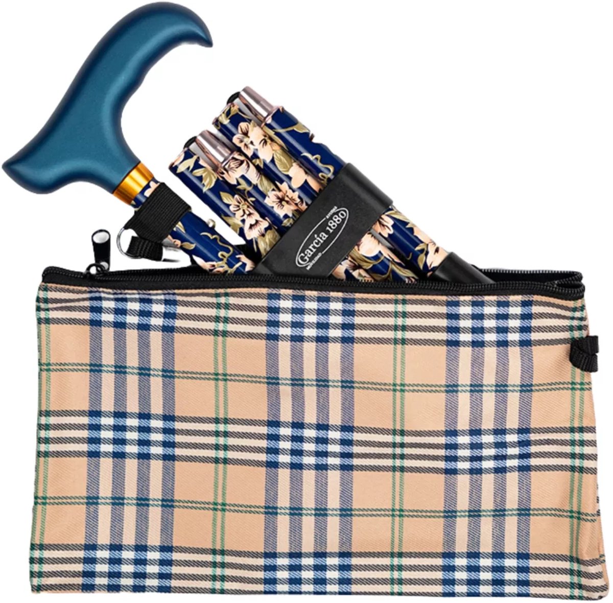 Garcia 1880 Wandelstok opvouwbaar – Blauw – Incl. polsband en tas – Verstelbaar van 84 tot 92 cm – Aluminium steel – Derby handvat