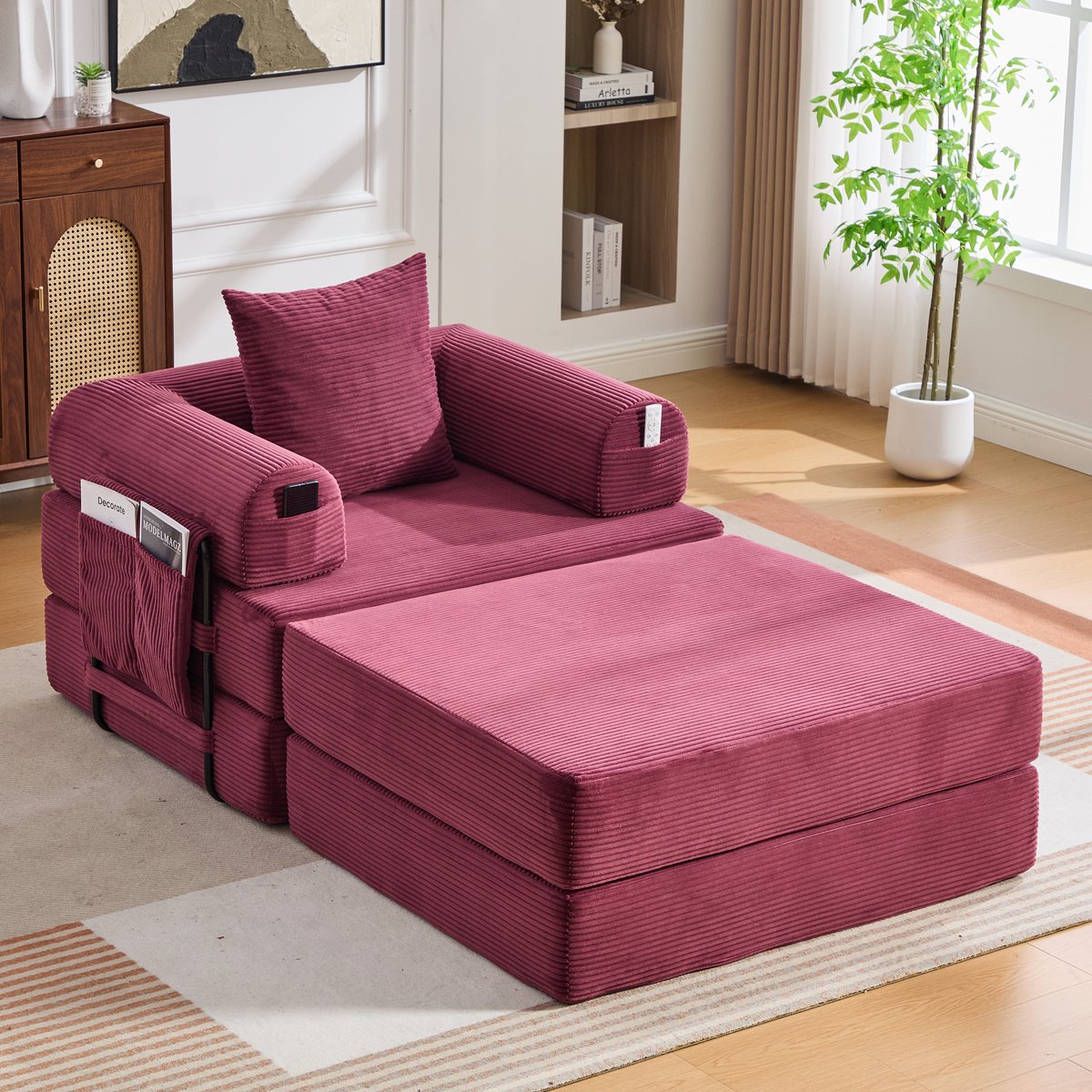 STILVORA Fauteuil 112 x 190 x 67 Cm - Met Hocker En Zijvak - Ergonomisch Voor Woonkamer En Slaapkamer - Cord Wijnrood