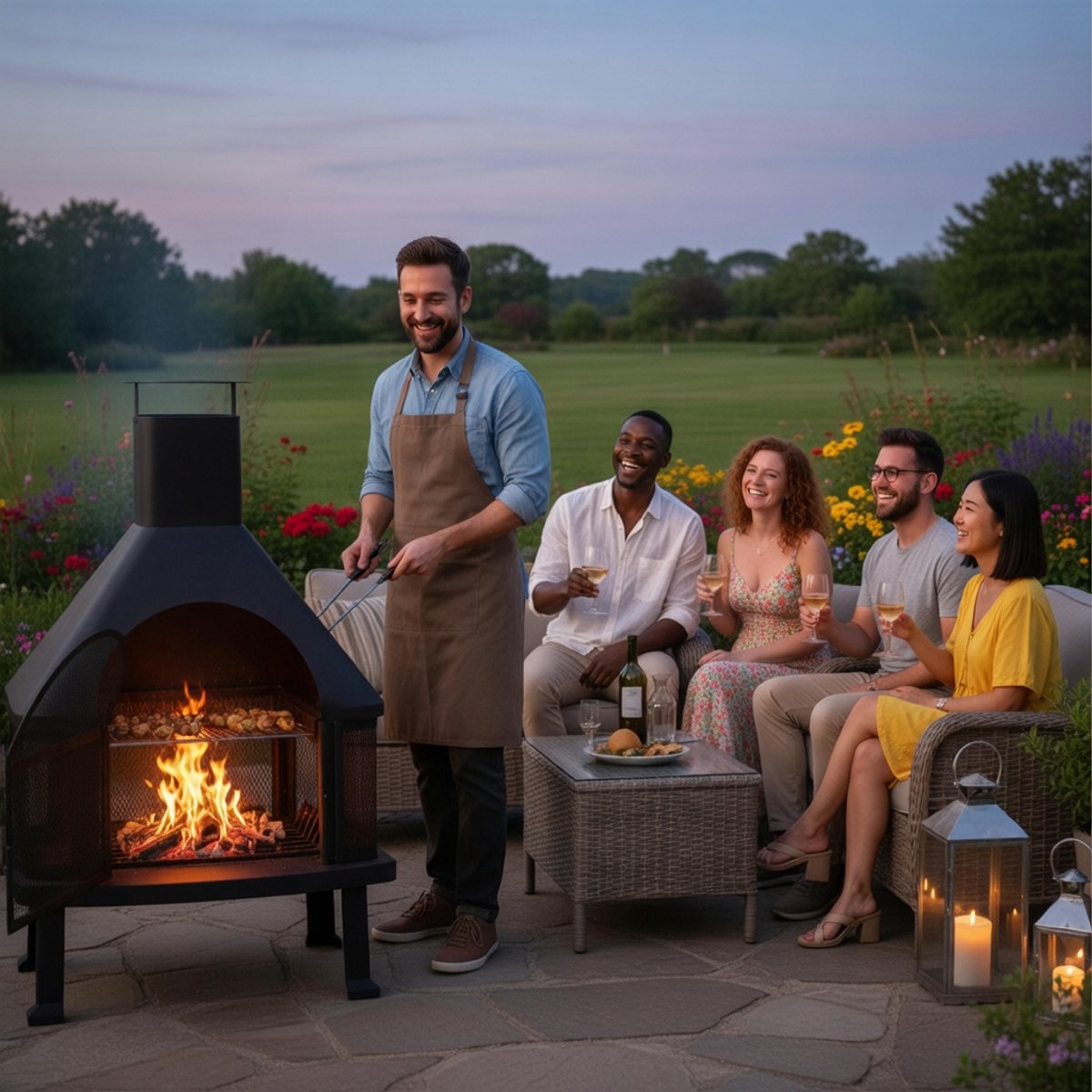 Terrasoven met Grillfunctie 110 x 63 x 51 cm – XXL Tuinhaard met Vonkbescherming, Pookhaak en Asopvangbak – Vrijstaande Stalen Buitenhaard voor Tuin & Terras – Zwart Modern Design – NoviHome