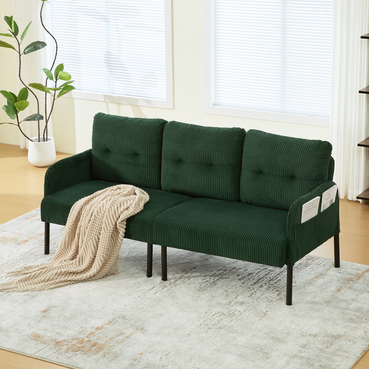 REDOM Driezitsbank - Ergonomische Rugleuning En Zijvak - Modern - Woonkamer - Ribstof - Smaragdgroen - 171 X 72 X 80 Cm
