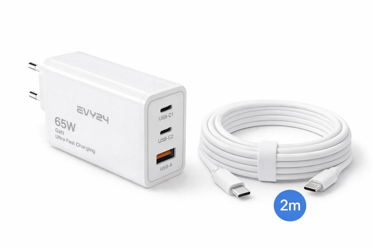 Evy24 Oplader USB C 65W GAN - Laptop Oplader - USB C Snellader - 2x USB C en 1x USB A - 3 Oplaadpoorten - Power adapter -Geschikt voor smartphones, laptops en Tablet