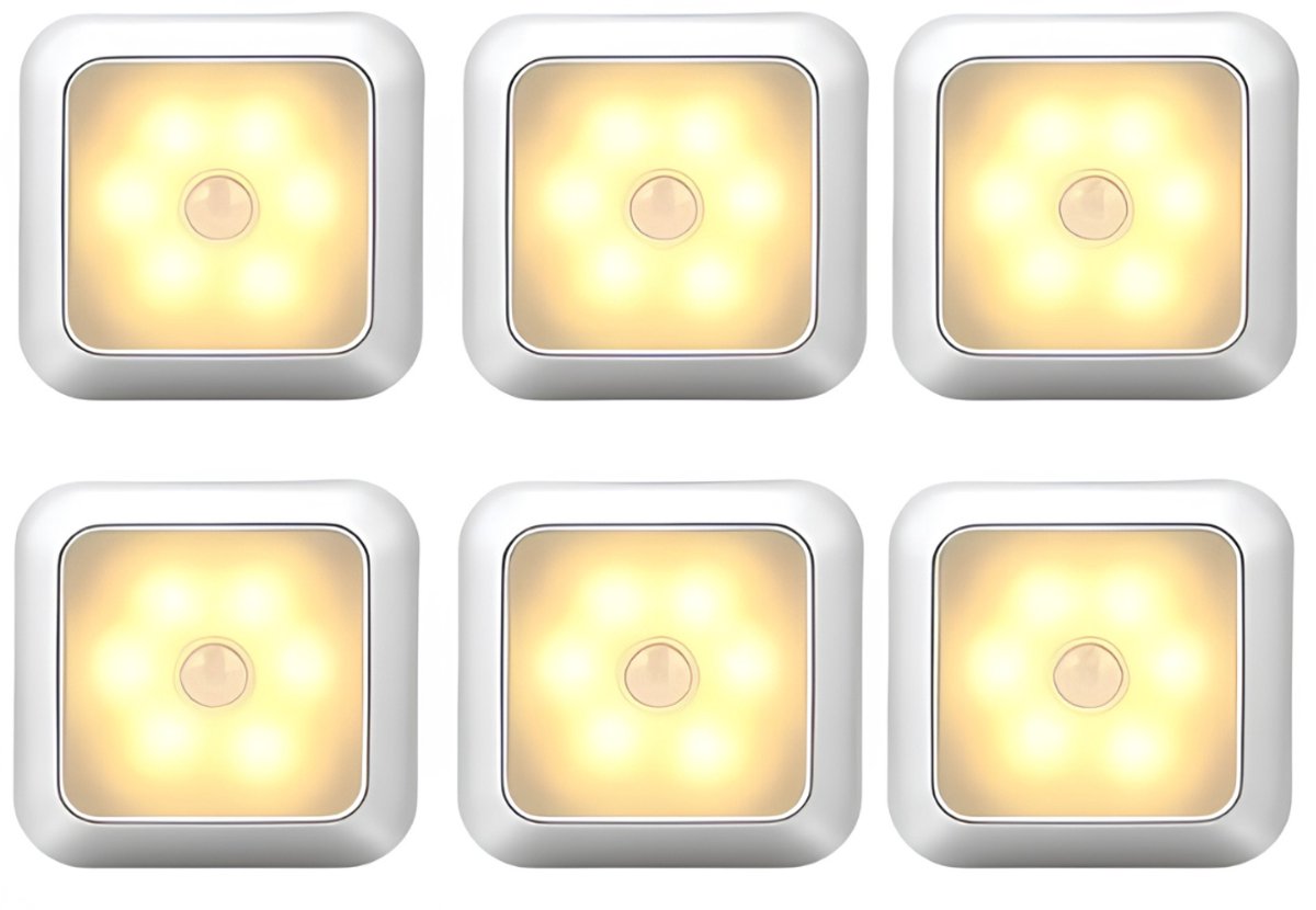 6 stuks LED Lamp met Bewegingssensor - Warm Wit - Nachtlamp op Batterij - Draadloos Sensor - Kastverlichting - Trapverlichting - Nachtlampje - Aluminium