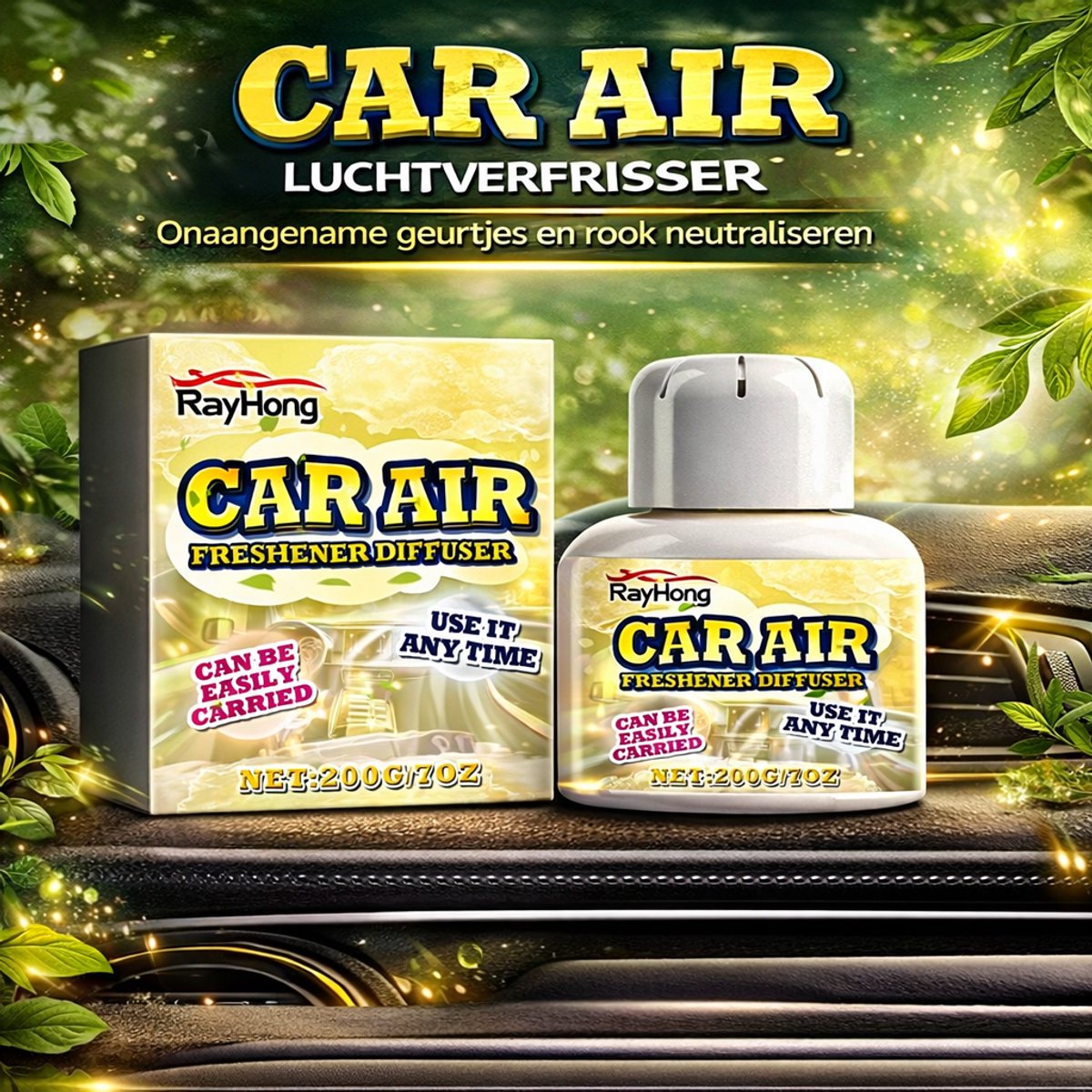 Rayhong Classic - Auto Luchtverfrisser & Geurverwijderaar - Met Moleculaire Absorptie & Chloordioxide - Verwijdert Rookgeur, Neutraliseert Geurtjes & Langdurige Frisheid - 200g
