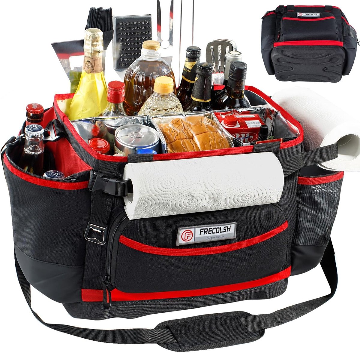 Draagbare Opbergtas - BBQ Caddy - Picknick en Grillen - Harde Bodem - 43x25x28 cm - Zwart/Rood