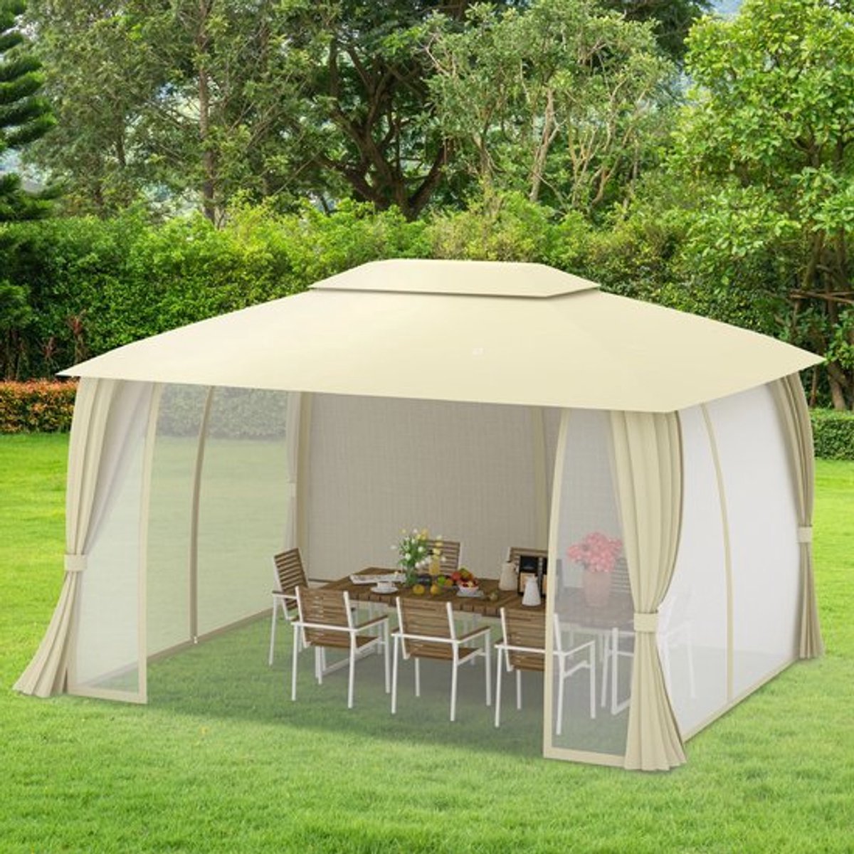 Verdelux - Cape May Luxe Paviljoen 4x3m met Insectennet en Lampenset – Tuinpaviljoen Beige – Waterafstotend Dak – Stalen Frame