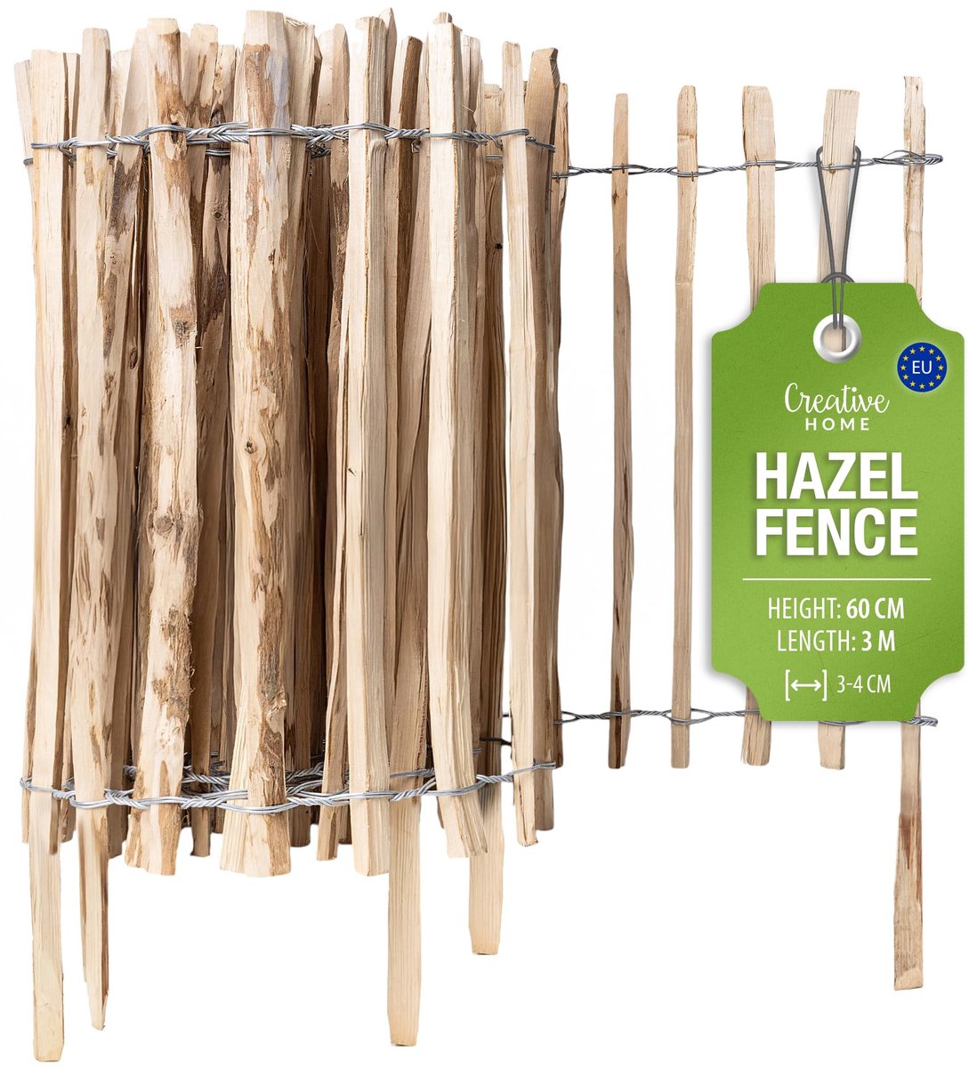 Creative Home houten schutting 60cm hoog en 3m lang | hazelnoot schutting | rolschutting | lamelafstand 3-4 cm | schutting tuin Ideaal als gazonrand bloemperk rand gemaakt van hazelnoot