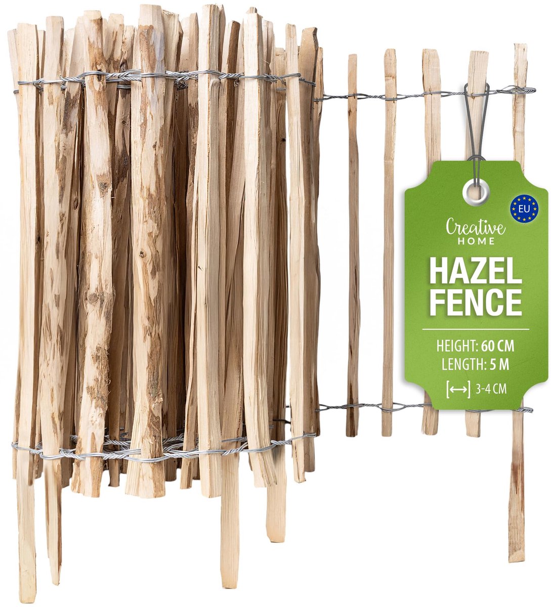 Creative Home houten schutting 60cm hoog en 5m lang | hazelnoot schutting | rolschutting | lamelafstand 3-4 cm | schutting tuin Ideaal als gazonrand bloemperk rand gemaakt van hazelnoot