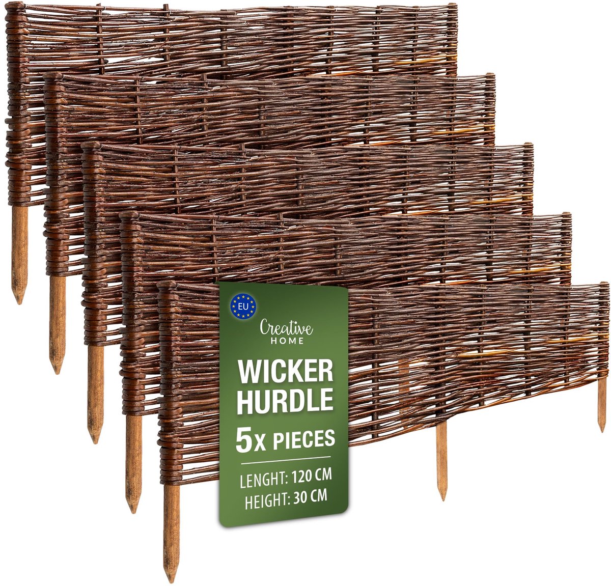 Creative Home rieten bedrand rieten schutting set van 5 | 120 x 30 cm (+/- 1 cm) | tuinafscheiding bedrand piket schutting | gazonafscheiding bedrand | decoratieve schutting tuin