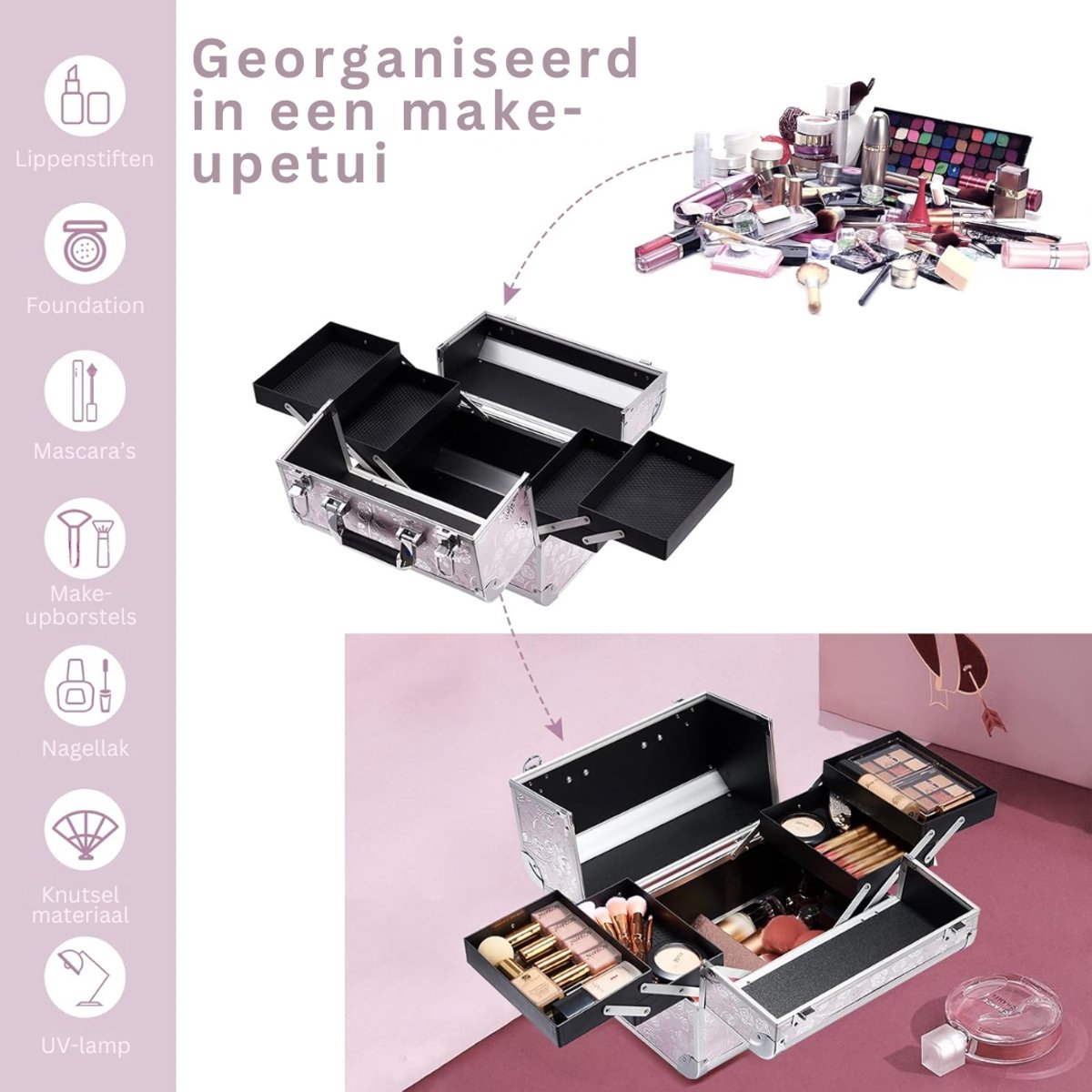 CLVP® Visagie Koffer - Cosmetica Koffer - Kapperskoffer - Make-up Koffer met Verstelbare Vakken –Roze