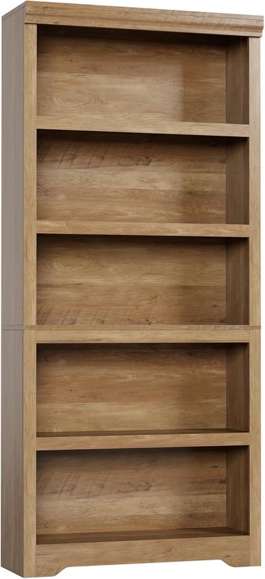 Lege houten boekenkast met 5 open planken, met een landelijke afwerking.