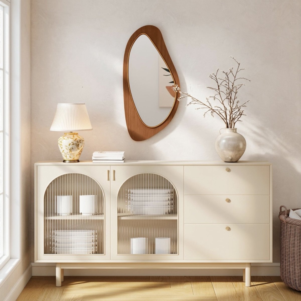 REDOM Wandspiegel - Golvend Ontwerp - Voor Hal - Met Grenenfineer En MDF-Lijst - Naturel Hout - 91,5 X 45 X 3 Cm Natuurlijk hout