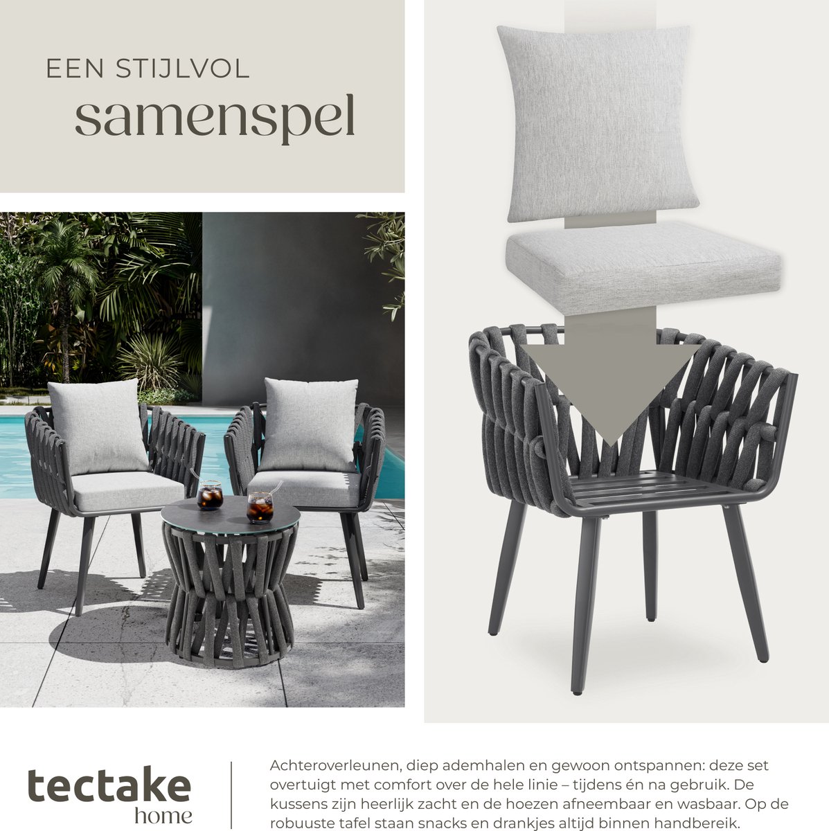 tectake® Tuinset Lugano - Tuinstoelen - 2 Loungestoelen met Bijzettafel - Buitenstoelen in Rope-Design met Aluminium Frame - Buiten Fauteuils met Dikke Kussens - Loungeset voor Tuin of Balkon - Terrasstoelen - UV- en Weerbestendig – foto 8