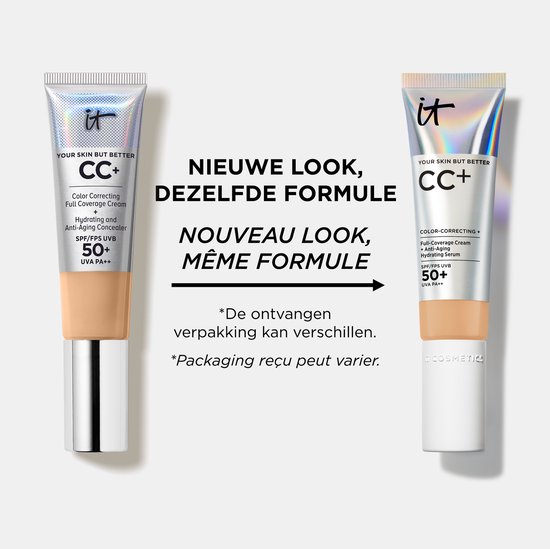 Twee IT Cosmetics CC+ Cream SPF 50 flacons. Een oude verpakking met een zilveren accent, en een nieuwe, glanzende zilveren verpakking. "Nieuwe look, dezelfde formule."