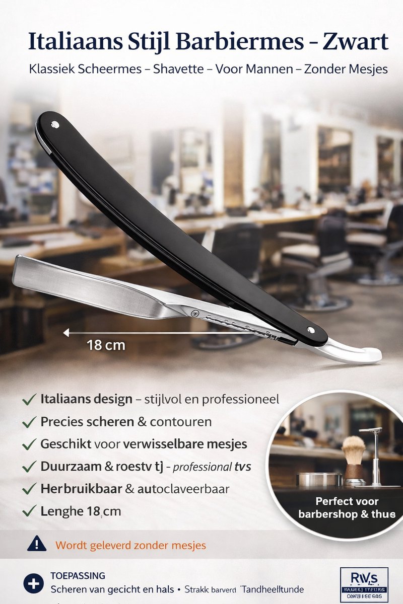 Belux Surgical Instruments - Italiaans Stijl Barbiermes – Zwart – Klassiek Scheermes – Shavette – Voor Mannen – Zonder Mesjes