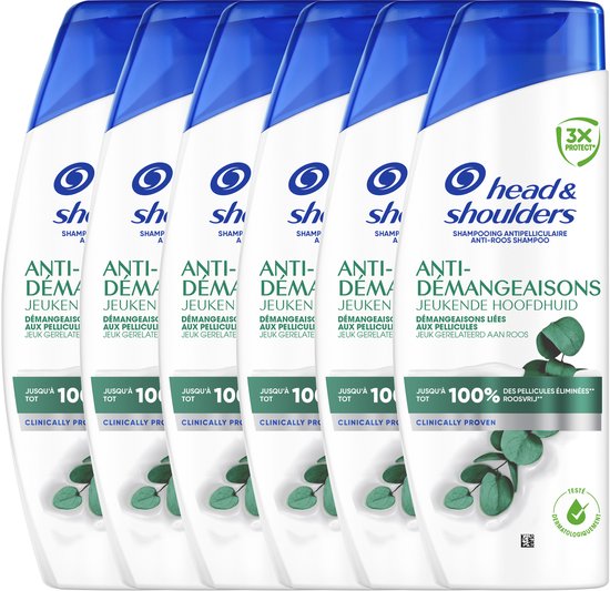 Six bouteilles de shampooing Head & Shoulders anti-pelliculaire cuir chevelu qui démange, avec des étiquettes bleues et blanches.