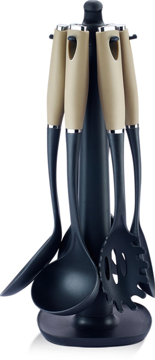 Swiss Haus® KU7CH Nylon Keukengerei Sets Met Houder - 8 Delig Kookgerei Set - BPA Vrij & Hittebestendig - Vaatwasserbestendig - Ophangbaar - Beige