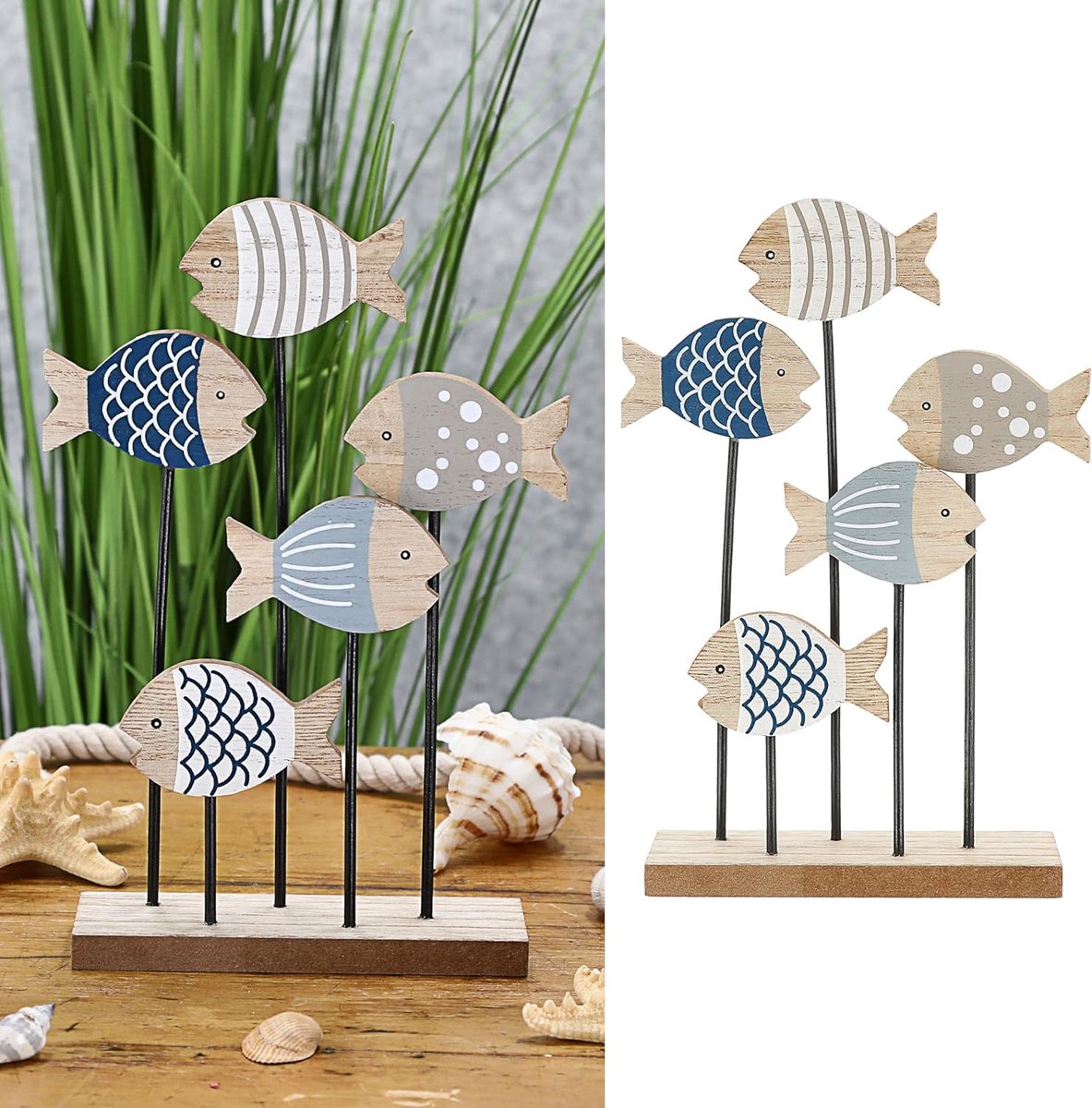 Decoratieve Vissen Standaard - Houten Vissenbeeldje - Maritieme Woondecoratie - Vijf Vissen Design - 15x245 cm - Blauw Grijs
