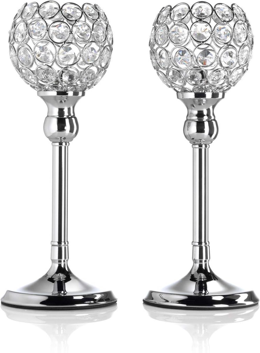 Kandelaar Set - Kaarsenhouder Decoratie - Feestelijke Sfeer - Kristalaccenten - 30cm Hoog - Zilver