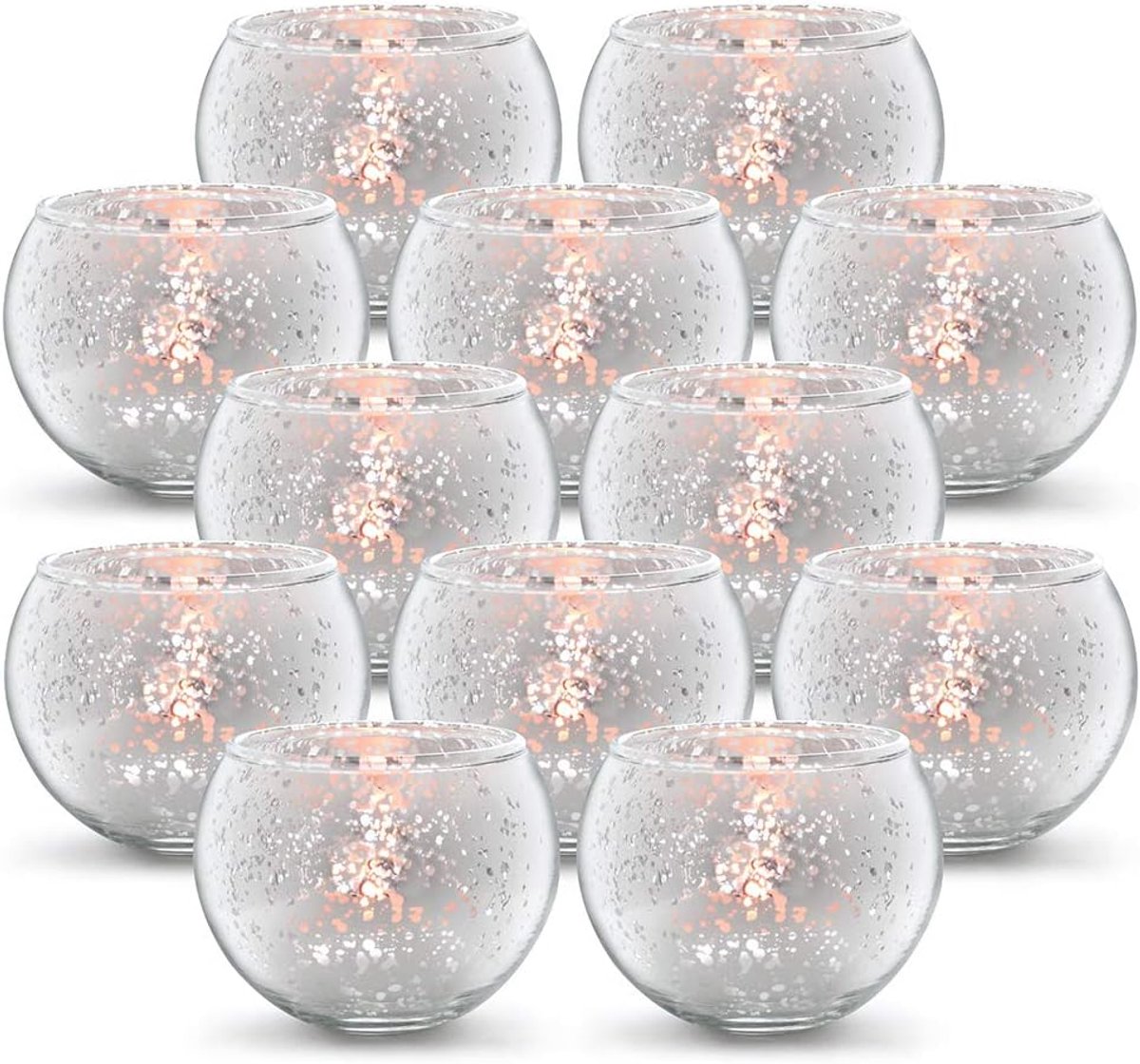 Theelichthouders Set - Kandelaars Glas - Sfeerverlichting Huis - Gemerkt Glas Effect - 12 Stuks - Zilverkleurig