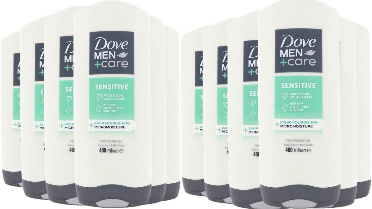 Dove Men Sensitive Douchegel 12 x 400 ml Voordeelverpakking - Voor mannen met een droge, gevoelige huid - Reinigt het lichaam, gezicht en haar