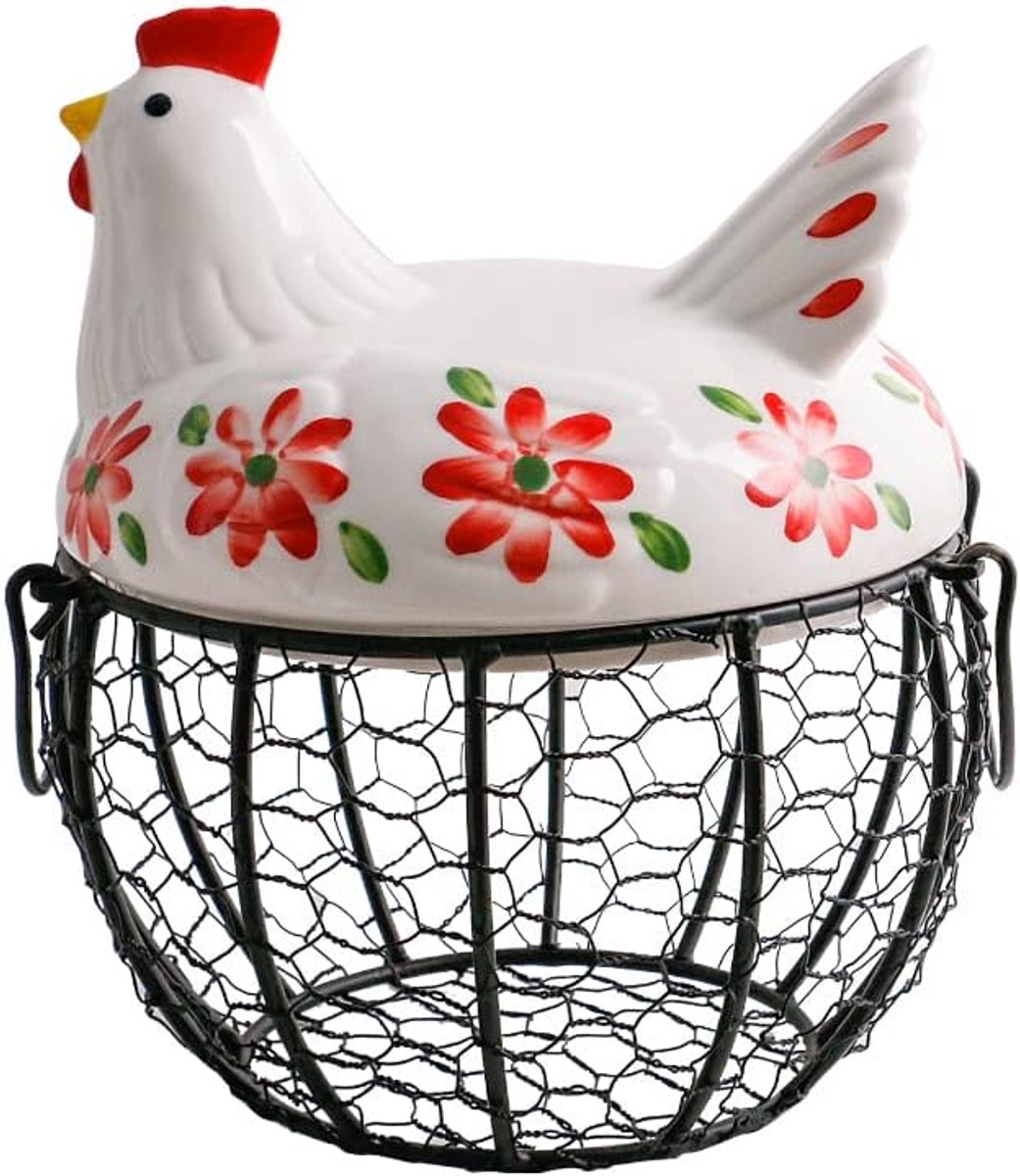 Eier Mand - Keuken Opslag - Verse Eieren Bewaren - Met Keramiek Kip Deksel - 21 cm Hoog - Zwart