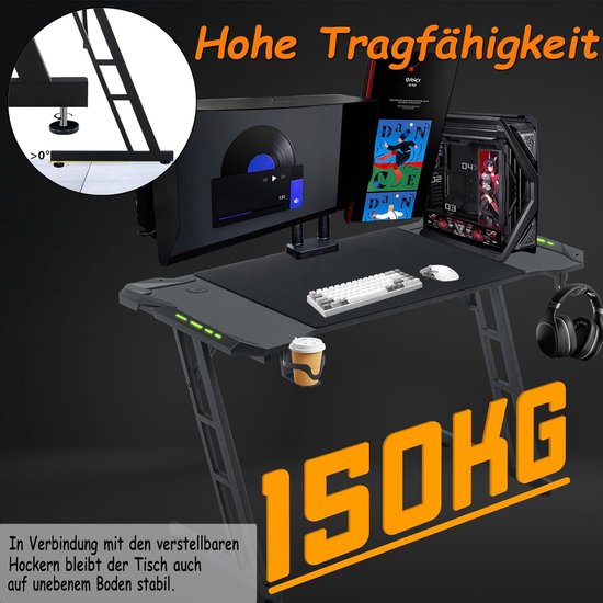Gaming Bureau - Computertafel Gamer Tafel - E-sports Gaming - RGB LED Verlichting - 140x60 cm - Zwart — afbeelding 5