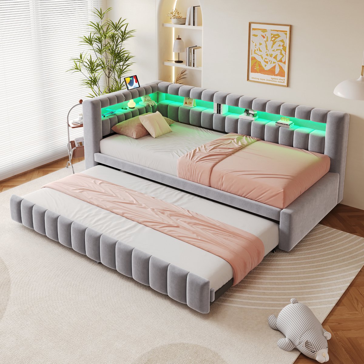 MODENUIT Gestoffeerd bed 90x200 cm – Uitschuifbare slaapbank met LED en USB-C – Hoofdbord met vakken – Zonder matras – Lichtgrijs