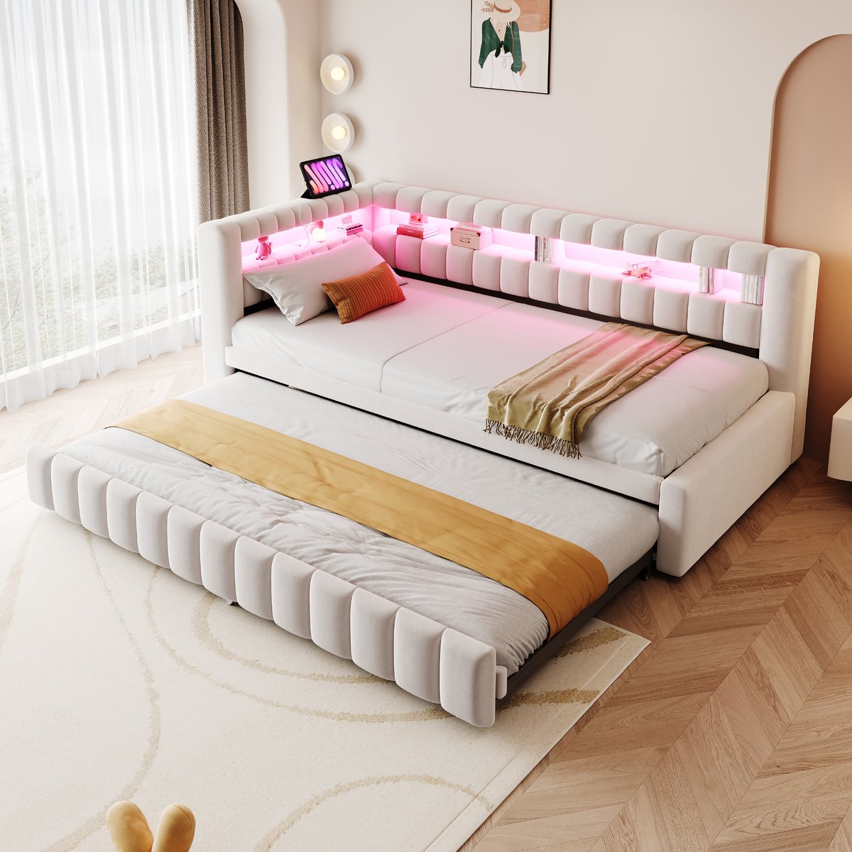MODENUIT Slaapbank 90x200 cm – Uitschuifbaar tot extra slaapplaats – Met LED, USB-C en opbergvakken – Zonder matras – Beige