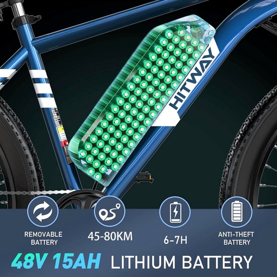 Elektrische Fiets HITWAY BK15 -26*3.0 Inch Mountain EBike met Afneembare 48V 15Ah Lithium Batterij - City Commuter E-Bike met 250W Motor - IP54 Waterdicht van Merkloos — afbeelding 4