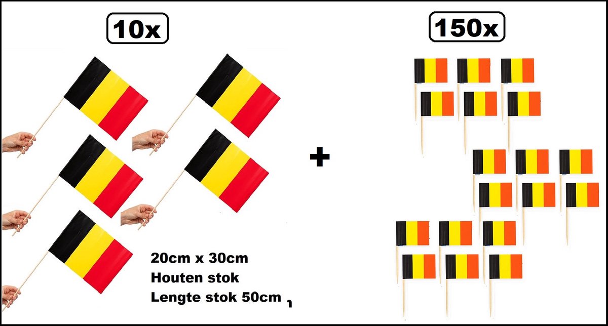 150x Cocktail prikkers Belgie + 10x Luxe Zwaaivlaggetjes op stok Belgie 20cm x 30cm - lengte stok 50cm