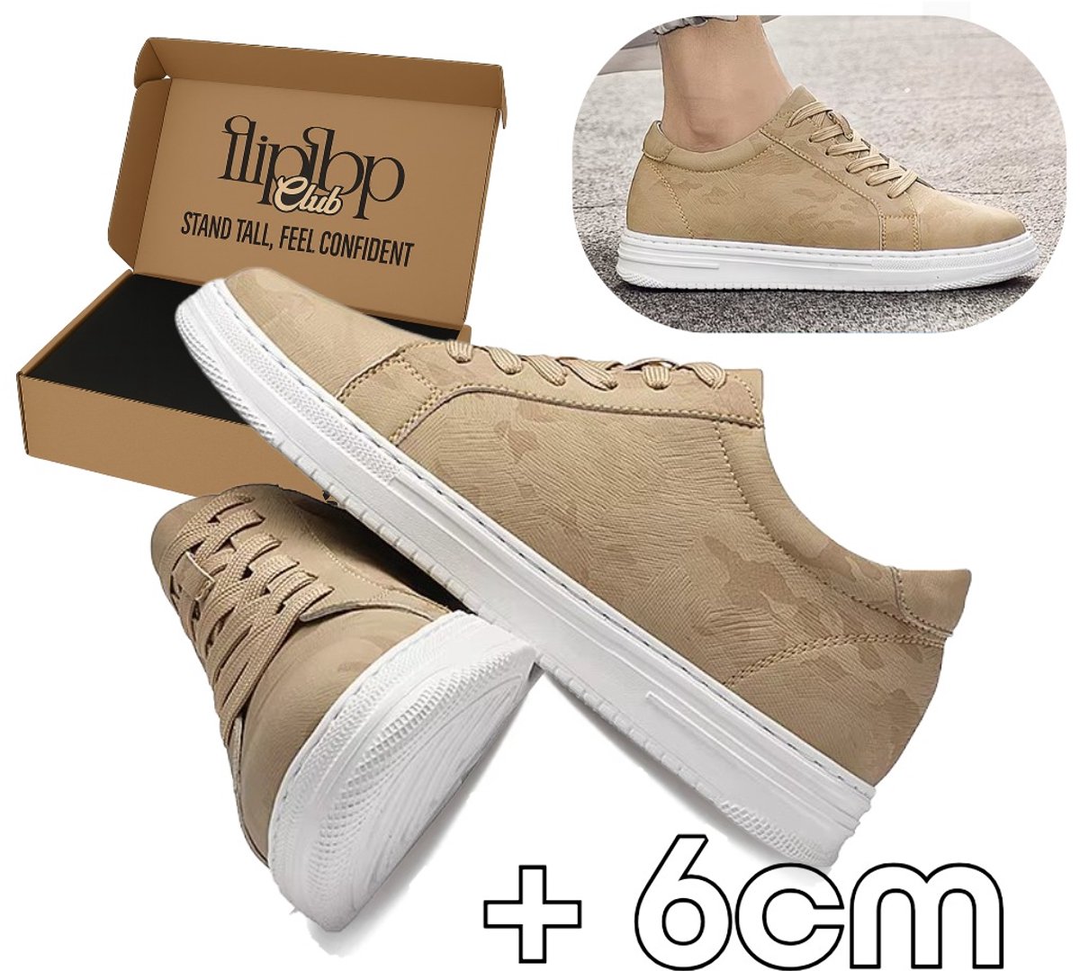 FLIPFLOP CLUB Verhogende Sneakers Heren (42) – +6 cm Lengte – Onzichtbare Verhoging – Comfort Sneakers – Kunstleer – Casual Schoenen Beige