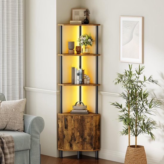Industrieel Hoekrek met LED Verlichting & Afstandsbediening - Hoekenkast met Kastje en Deur - 4 Niveaus - Boekenkast / Display - 147,5 cm Hoog - bruin