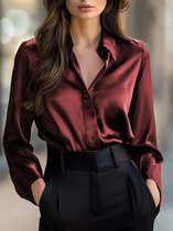 Damesblouse met lange mouwen van satijn met knoopsluiting elegante effen top voor zowel zakelijk als vrijetijdsgebruik. Bordeaux XXL