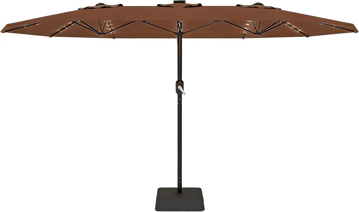 XXL Rechthoekige Parasol met Solar LED Verlichting - 460 x 270 cm - Inclusief Parasolvoet (Zandzakken) - Dubbele Tuinparasol met Zwengel - Waterafstotend & UV50+ - bruin