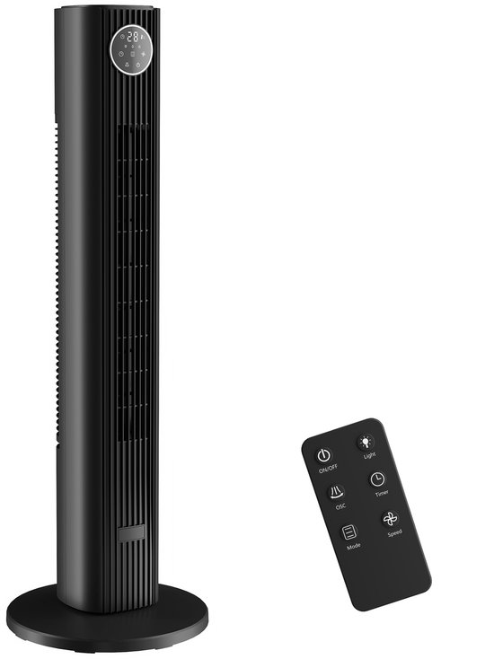 Torenventilator HOMCOM stil 28 dB, energiezuinig 30W, 12 snelheden, afstandsbediening, compact zwart