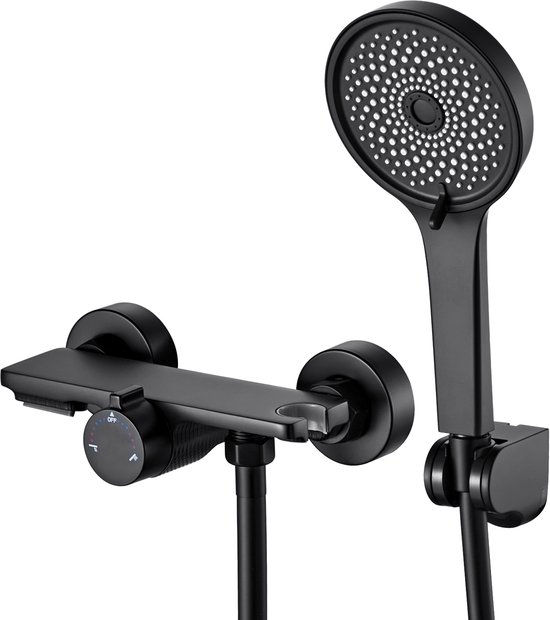 Mitigeur thermostatique noir avec douchette, comprenant la tête de douche et le bec.
