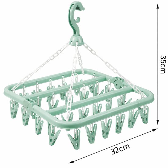 Muntgroen vierkant droogrek met 32 clips, met afmetingen 32cm bij 35cm.