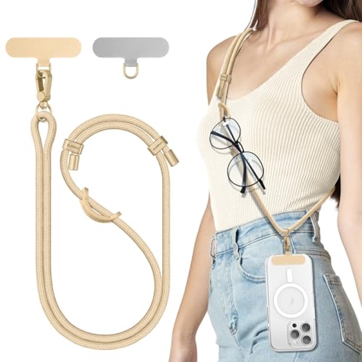 ST TRADING Verstelbaar telefoonkoord - Universele lanyard met haak - Khaki