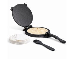 BooGoo® Tortilla Pers Ø20 cm – Gietijzer – Incl. 100 Persvellen, Bakkwast & Recepten E-book – Taco & Roti Maker – Handmatige Tortilla Press