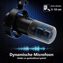 Zwarte dynamische microfoon met schuimstofkap, weergegeven met geluidsgolven en "Beste afstand: 5-10 cm".